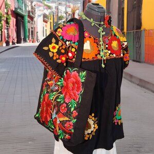 3 items- Embroidered Mexican Top - Bag - Flower Choker
